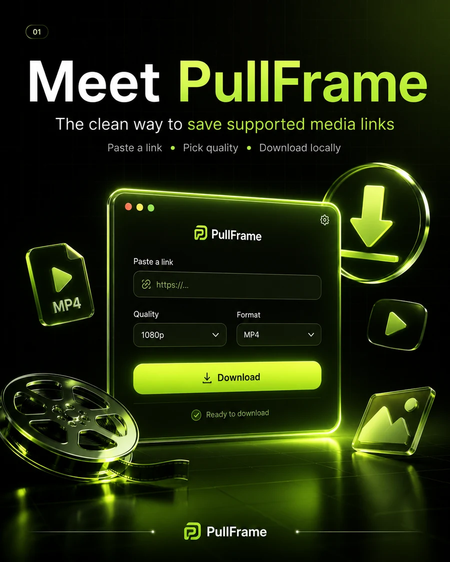 PullFrame carousel artwork showing the app workflow